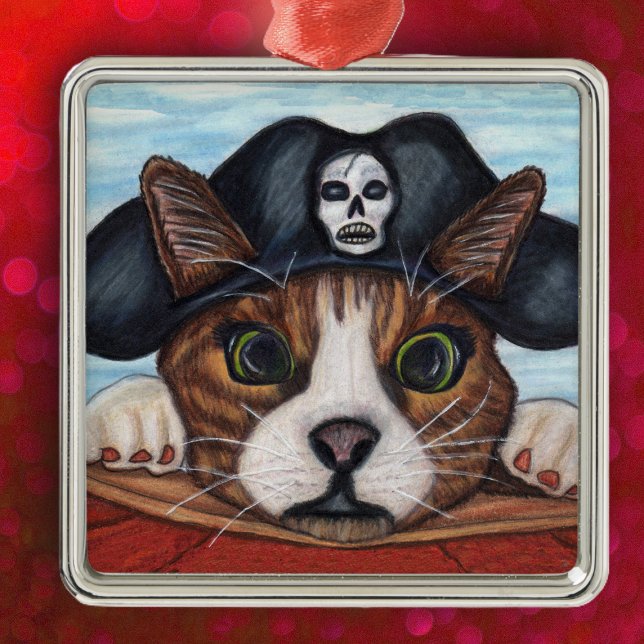 Pirate Cute Surprised Cat Metal Ornament (cute green eyes cat hanging on boat wearing black pirate hat on hanging ornament.)