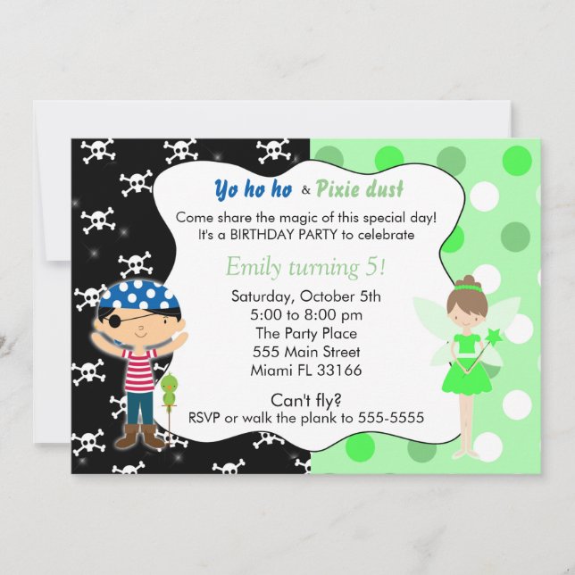Pirate Fairy Birthday Invitation Lime Green Skulls (Front)