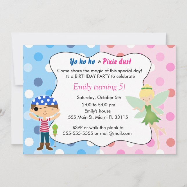 Pirate Fairy Birthday Invitation Pink Blue Pixie (Front)
