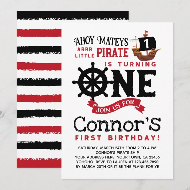 Pirate First Birthday Invitation (Front/Back)
