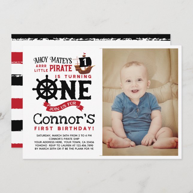 Pirate First Birthday Invitation with Photo (Front/Back)