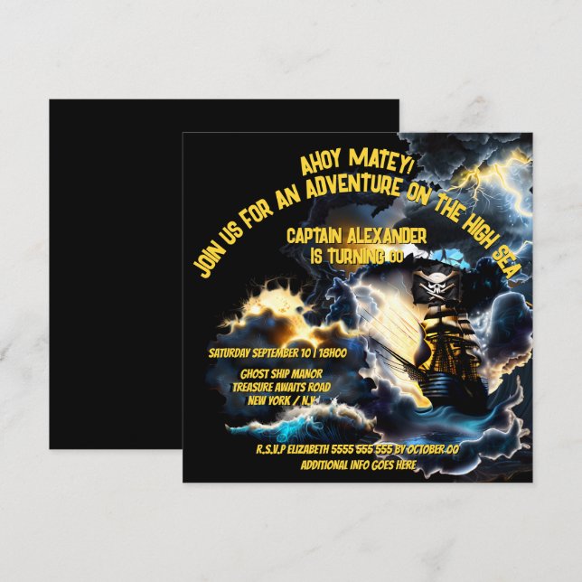 Pirate ghost ship flag stormy night seas nautical invitation (Front/Back)