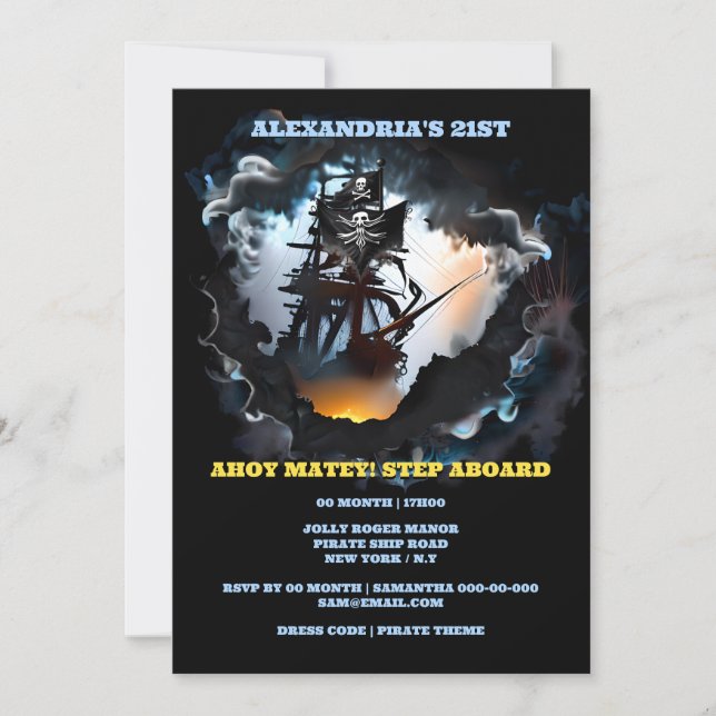 Pirate ghost ship jolly roger night galleon storm  invitation (Front)