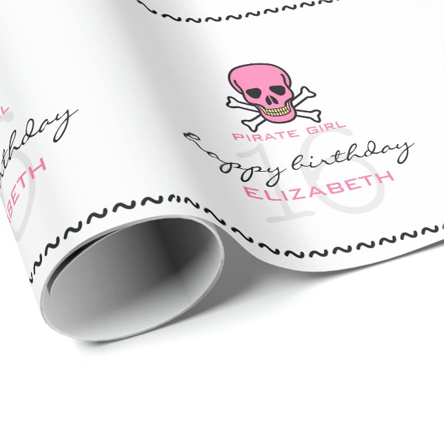 Pirate Girl Pink Skull Personalized 16th Birthday Wrapping Paper (Roll Corner)