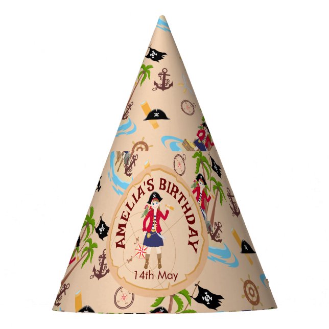 Pirate Girl Treasure Map Fun Birthday Party Party Hat (Front)