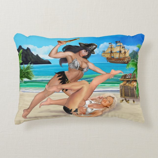 PIRATE GIRLS CATFIGHTING ACCENT PILLOW (Front)