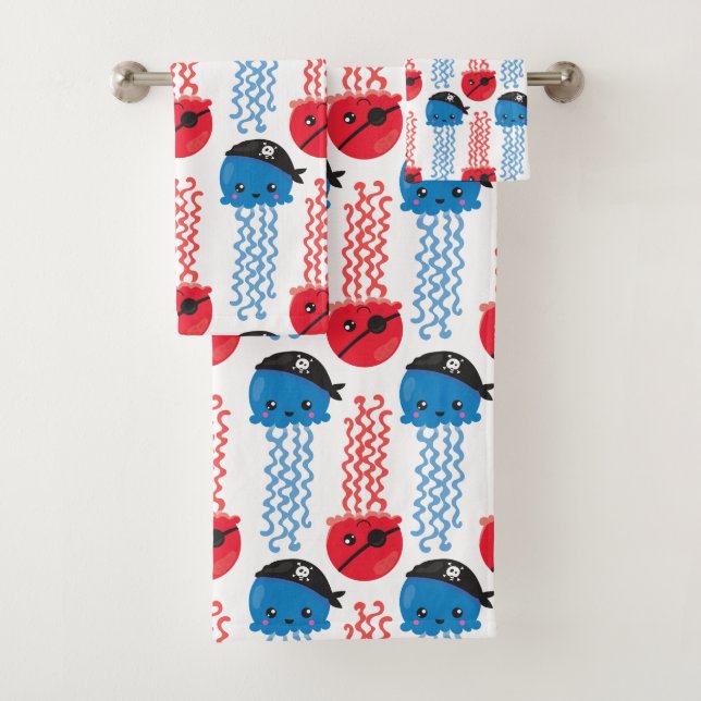 Pirate Jellyfish, Jellyfish Pattern, Sea Animals Bath Towel Set (Insitu)