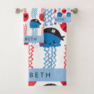 Pirate Jellyfish, Jellyfish Pattern, Your Name Bath Towel Set