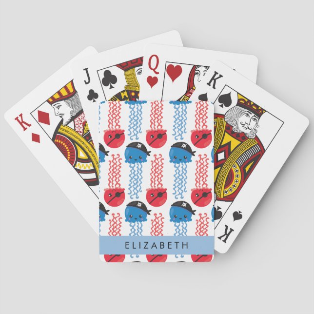 Pirate Jellyfish, Jellyfish Pattern, Your Name Playing Cards (Back)