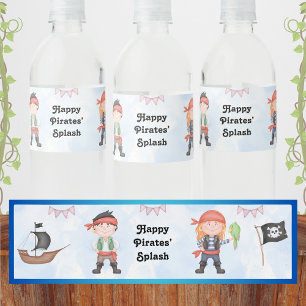 Pirate Kids Birthday on Blue Water Bottle Label