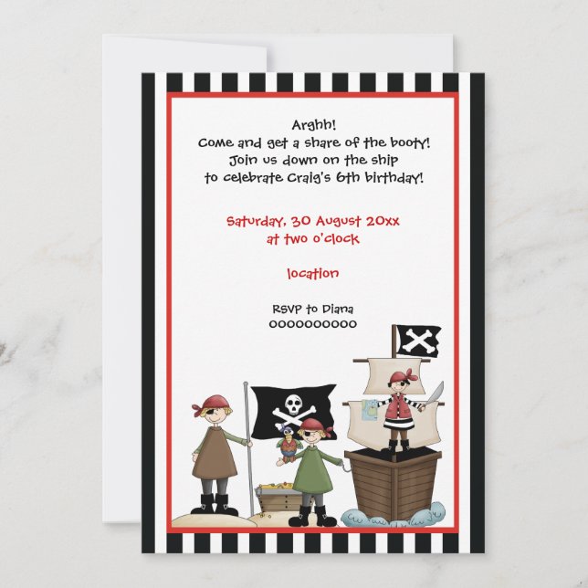 Pirate kids birthday party invitation-black border invitation (Front)