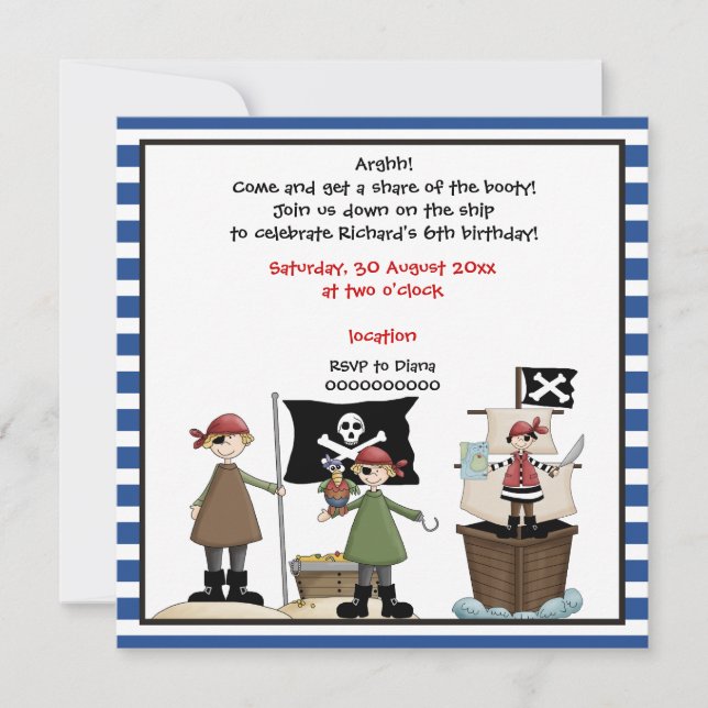 Pirate kids birthday party invitation- Blue border Invitation (Front)
