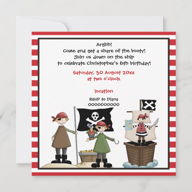 Pirate kids birthday party invitation- red border invitation (Front)