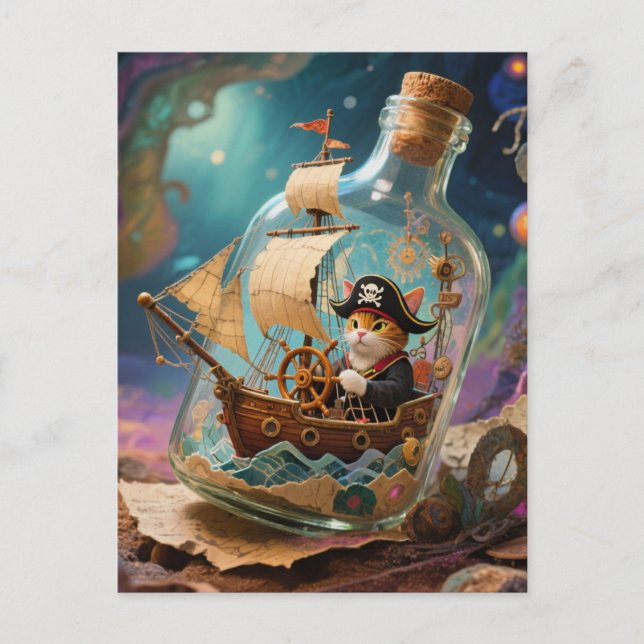 Pirate Kitty in a Bottle Postcard (Front)