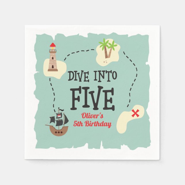 Pirate Map Dive into Five 5th Birthday Napkin (Front)