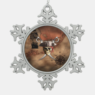 Pirate Map Snowflake Pewter Christmas Ornament