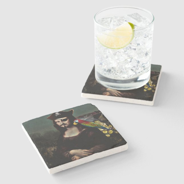 Pirate Mona Lisa with Eye Patch Stone Coaster (Side)
