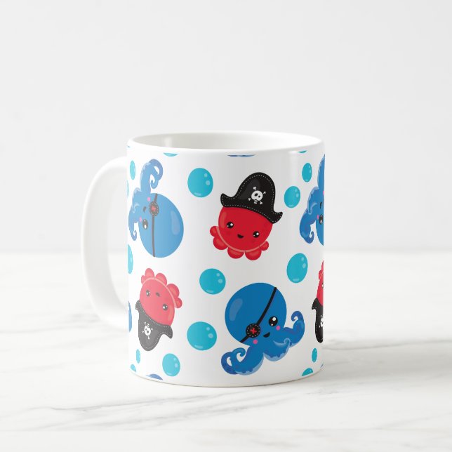 Pirate Octopus, Octopus Pattern, Sea Animals Coffee Mug (Front Left)