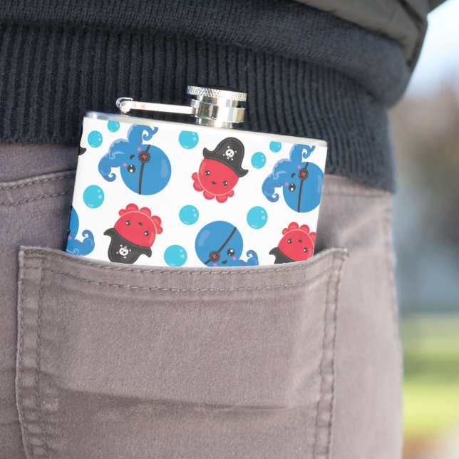 Pirate Octopus, Octopus Pattern, Sea Animals Hip Flask (In Situ)