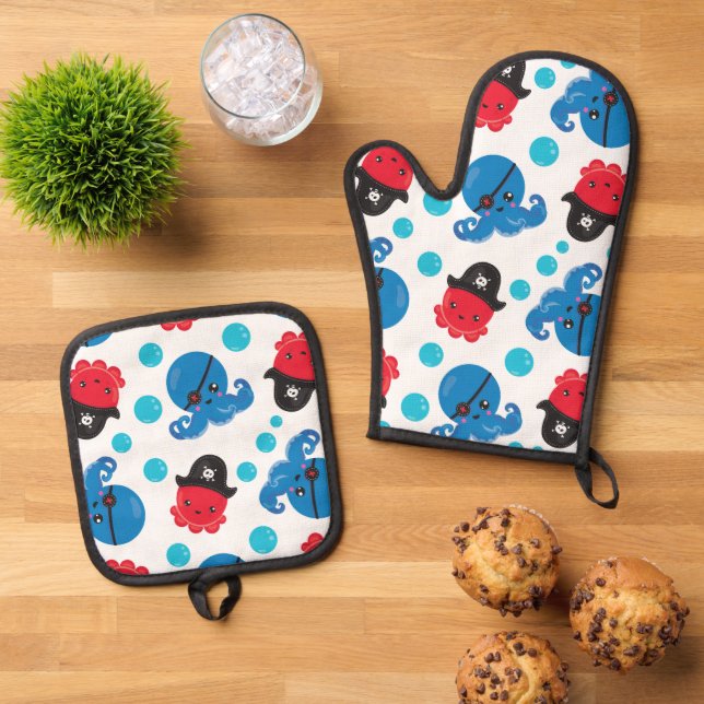 Pirate Octopus, Octopus Pattern, Sea Animals Oven Mitt & Pot Holder Set (Top Down)