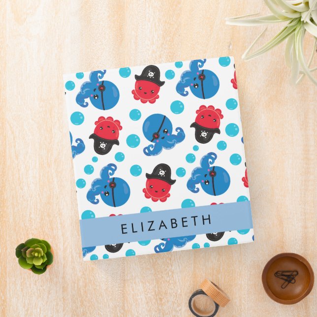Pirate Octopus, Octopus Pattern, Sea, Your Name Binder (In Situ)