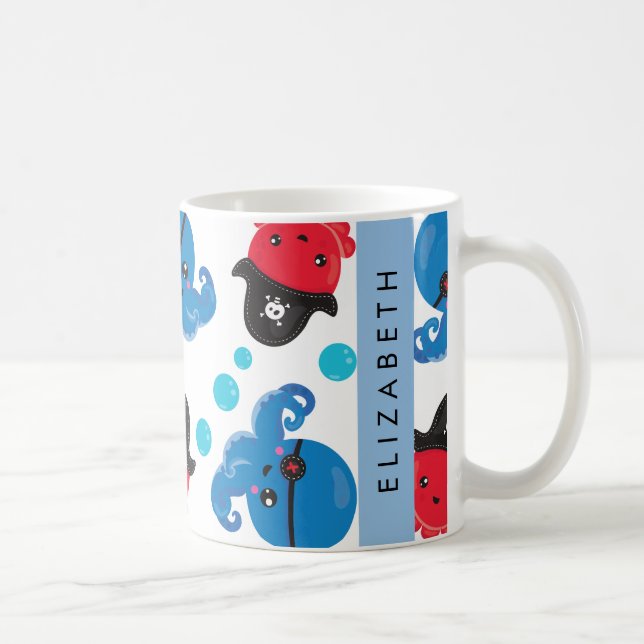 Pirate Octopus, Octopus Pattern, Sea, Your Name Coffee Mug (Right)