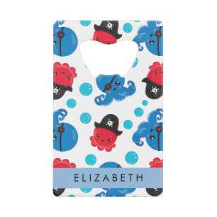 Pirate Octopus, Octopus Pattern, Sea, Your Name Credit Card Bottle Opener