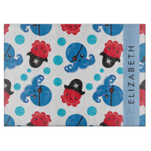Pirate Octopus, Octopus Pattern, Sea, Your Name Cutting Board