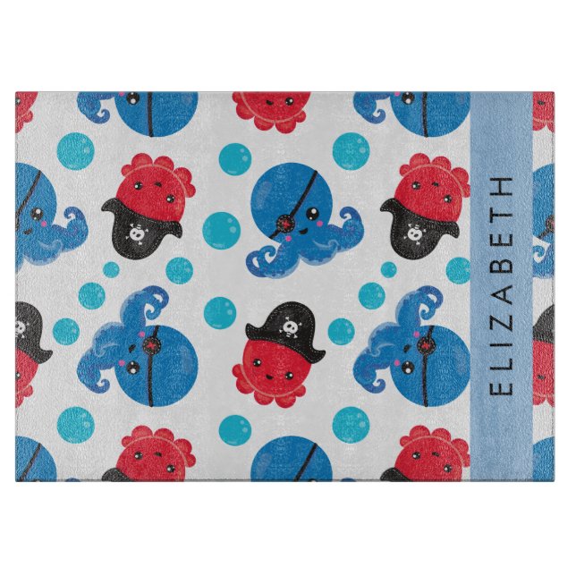 Pirate Octopus, Octopus Pattern, Sea, Your Name Cutting Board (Front)