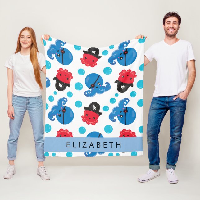 Pirate Octopus, Octopus Pattern, Sea, Your Name Fleece Blanket (In Situ)