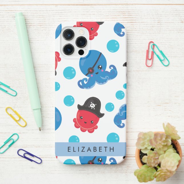 Pirate Octopus, Octopus Pattern, Sea, Your Name iPhone Case (On Desk)