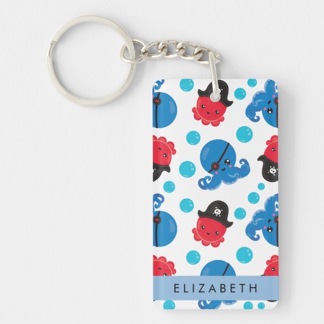 Pirate Octopus, Octopus Pattern, Sea, Your Name Keychain (Front)