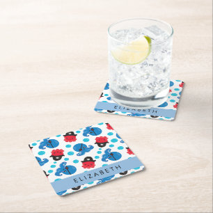 Pirate Octopus, Octopus Pattern, Sea, Your Name Square Paper Coaster