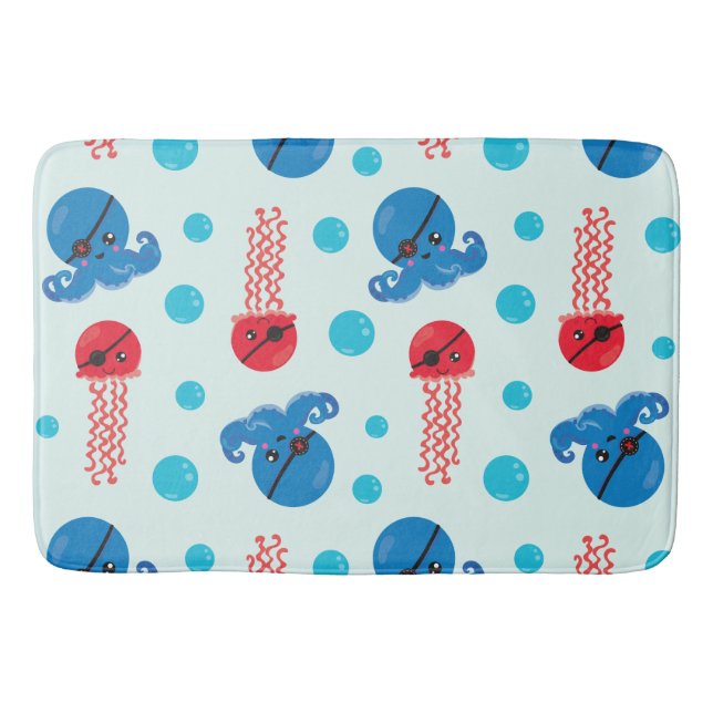 Pirate Octopus, Pirate Jellyfish, Sea Animals Bath Mat (Front)