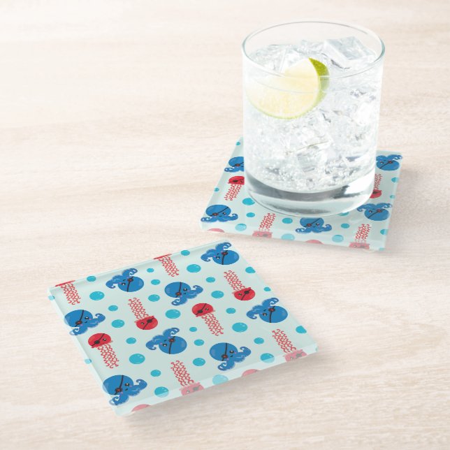 Pirate Octopus, Pirate Jellyfish, Sea Animals Glass Coaster (Angled)
