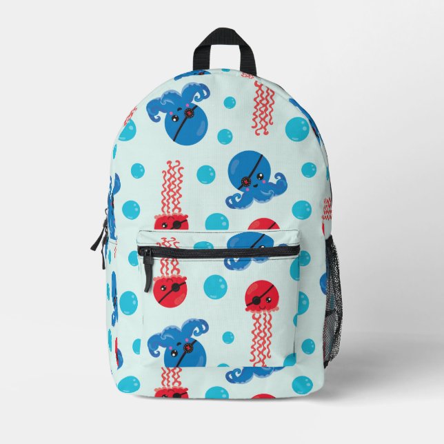 Pirate Octopus, Pirate Jellyfish, Sea Animals Printed Backpack (Front)