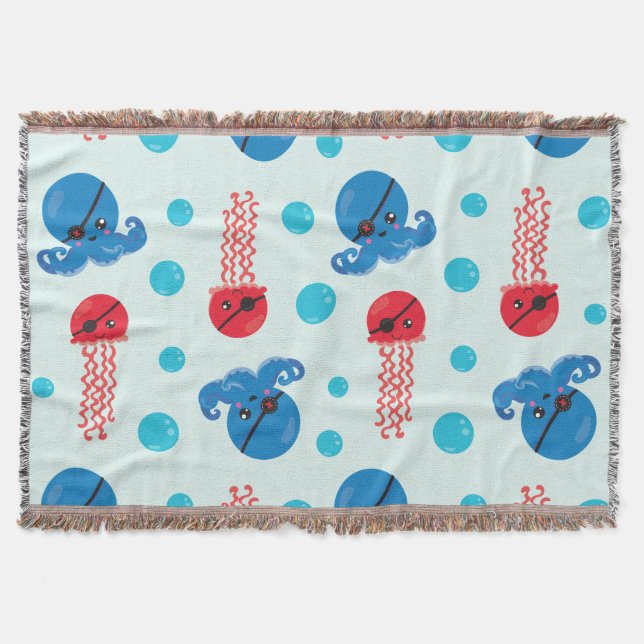 Pirate Octopus, Pirate Jellyfish, Sea Animals Throw Blanket (Front)