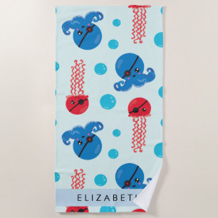 Pirate Octopus, Pirate Jellyfish, Sea, Your Name Beach Towel