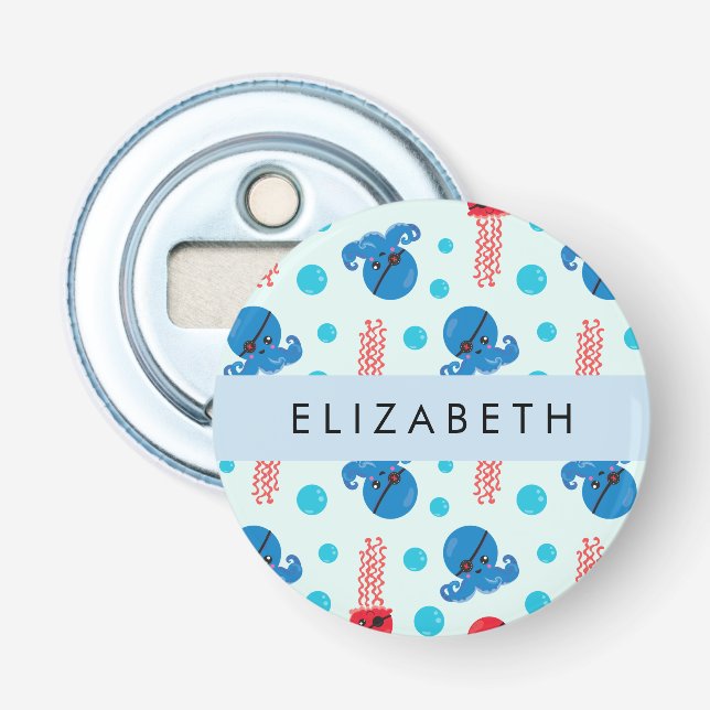 Pirate Octopus, Pirate Jellyfish, Sea, Your Name Bottle Opener (Front)