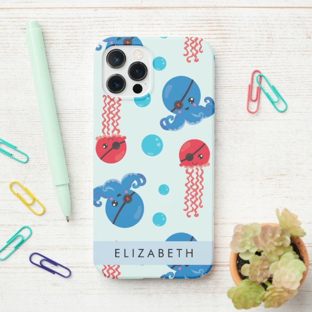 Pirate Octopus, Pirate Jellyfish, Sea, Your Name iPhone Case (On Desk)