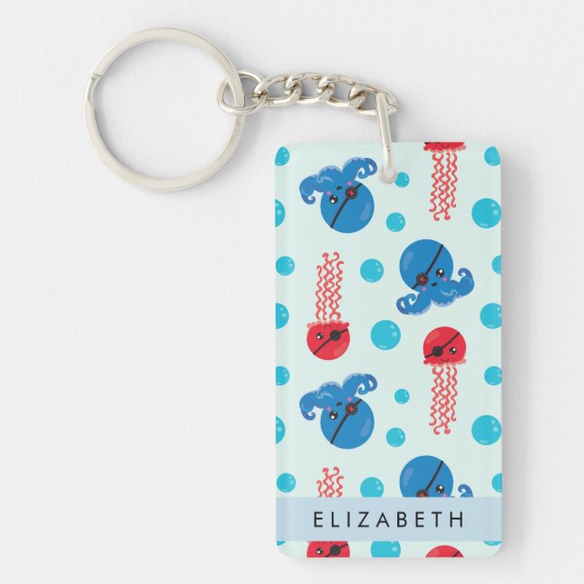 Pirate Octopus, Pirate Jellyfish, Sea, Your Name Keychain (Front)