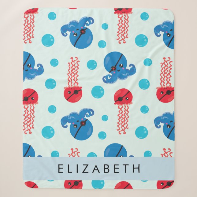 Pirate Octopus, Pirate Jellyfish, Sea, Your Name Sherpa Blanket (Front)