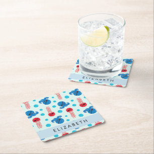 Pirate Octopus, Pirate Jellyfish, Sea, Your Name Square Paper Coaster