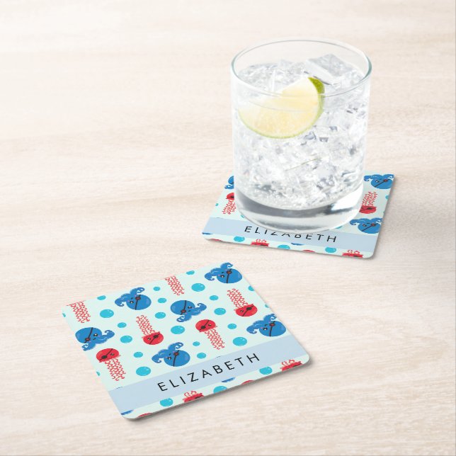 Pirate Octopus, Pirate Jellyfish, Sea, Your Name Square Paper Coaster (Insitu)