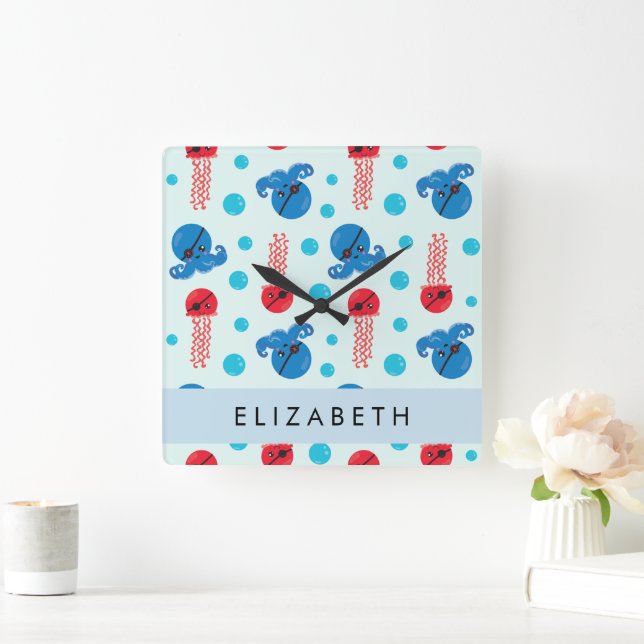 Pirate Octopus, Pirate Jellyfish, Sea, Your Name Square Wall Clock (Home)