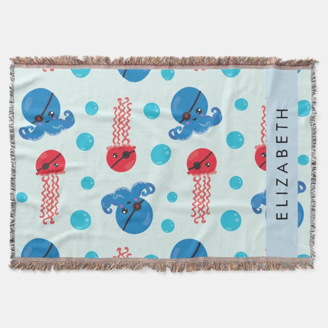 Pirate Octopus, Pirate Jellyfish, Sea, Your Name Throw Blanket (Front)