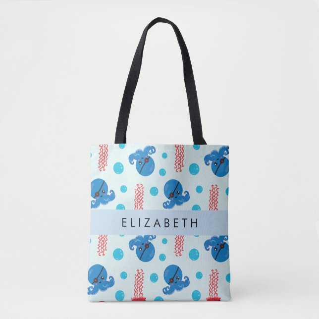 Pirate Octopus, Pirate Jellyfish, Sea, Your Name Tote Bag (Front)