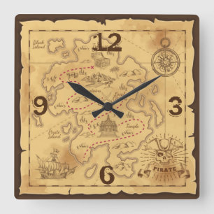 Pirate old map square wall clock