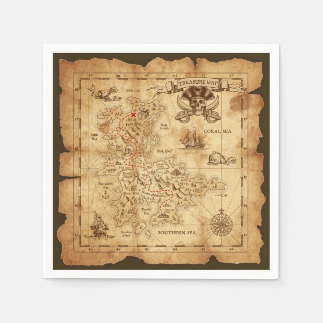 Pirate Old Vintage Treasure Map Birthday Party Napkin (Front)
