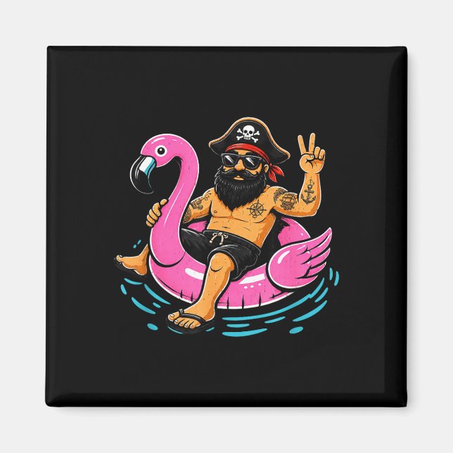 Pirate on a flamingo floaty funny summer beach magnet (Front)